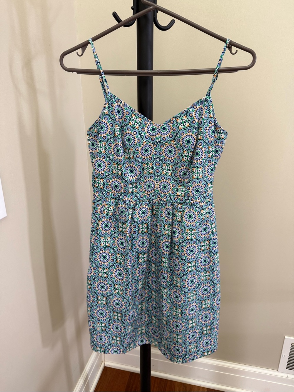 J. Crew Factory Teal and Blue Geometric Spaghetti-Strap Mini Dress